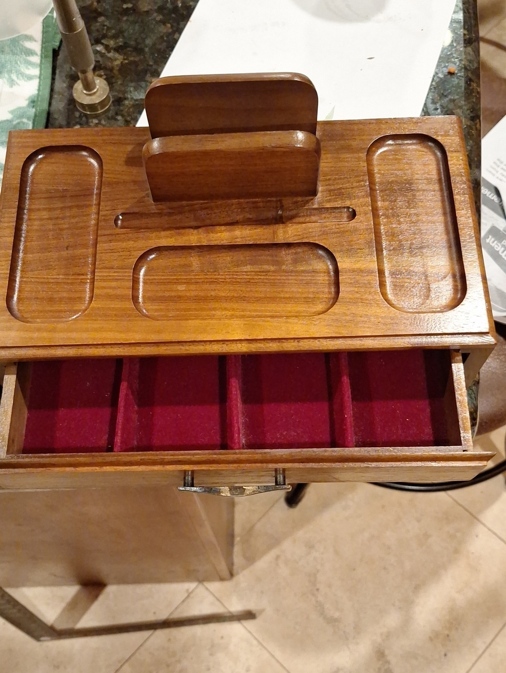 Walnut Dresser Valet Wooden Organizer with Drawers -lined Red Velvet Drawers - Picture 2 of 7